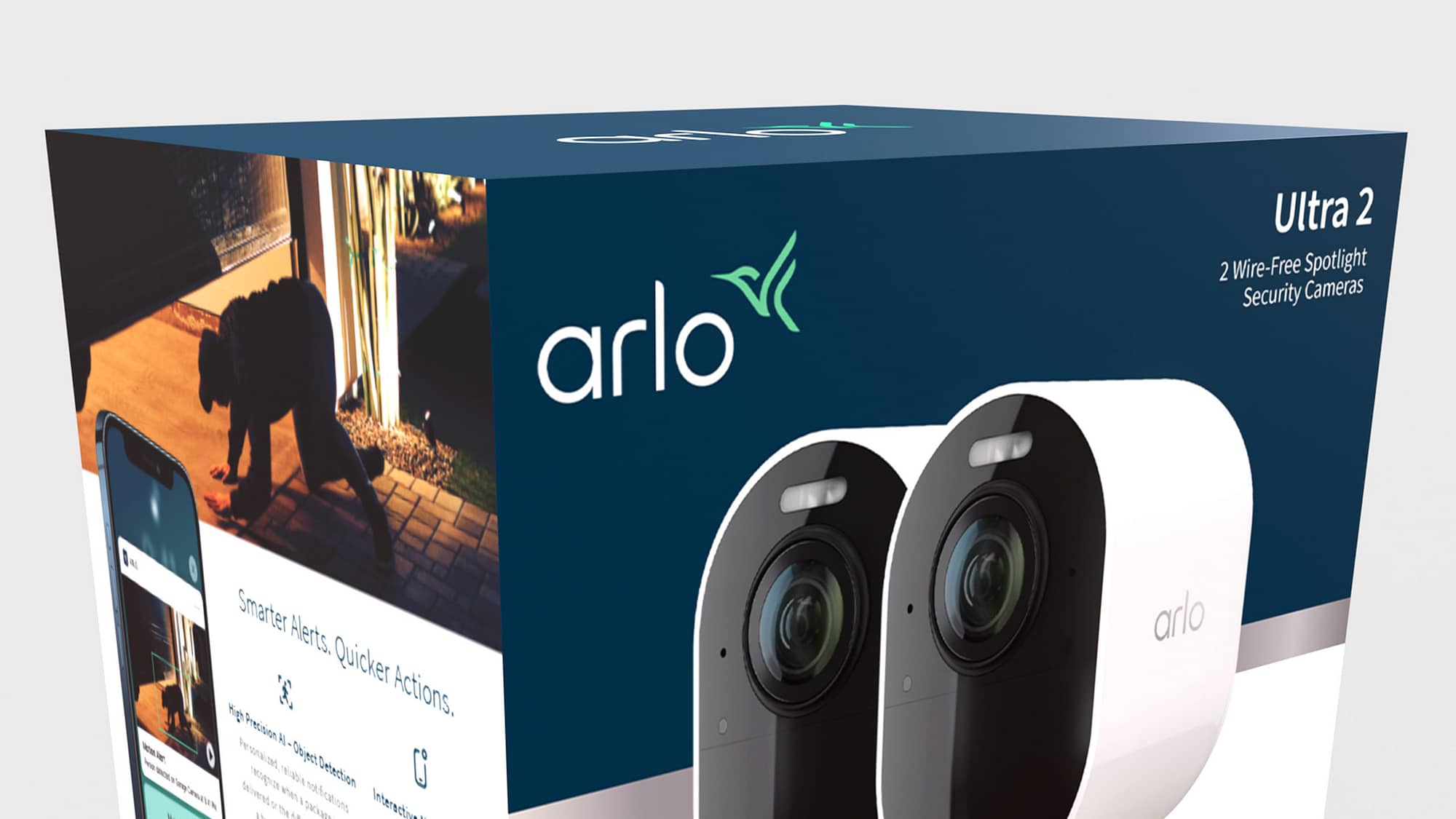 Up close 3D animation of Arlo new branding and new packaging design.