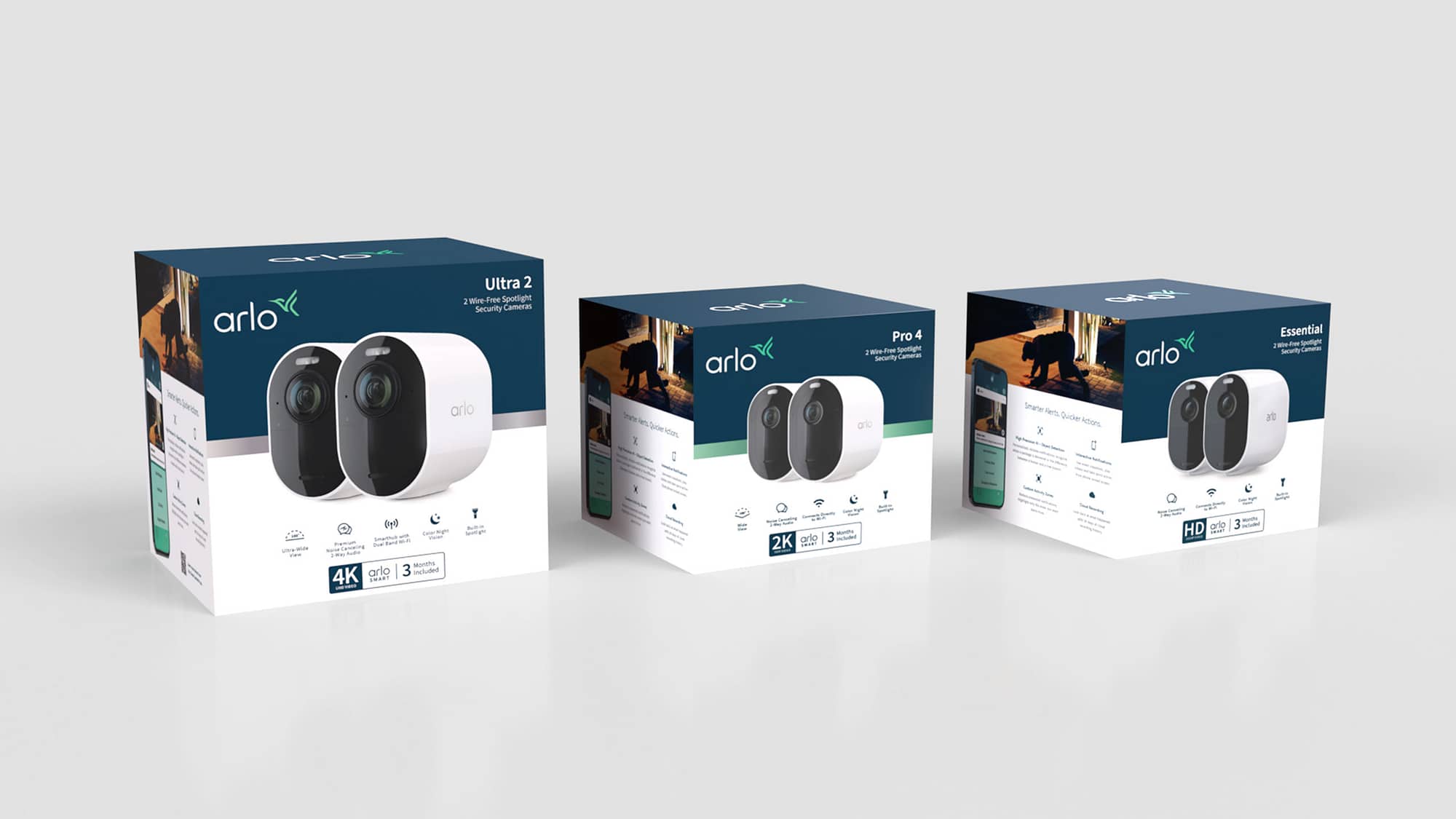 3D render of 3 Arlo security camera boxes, showcasing Arlo rebrand and new packaging design.