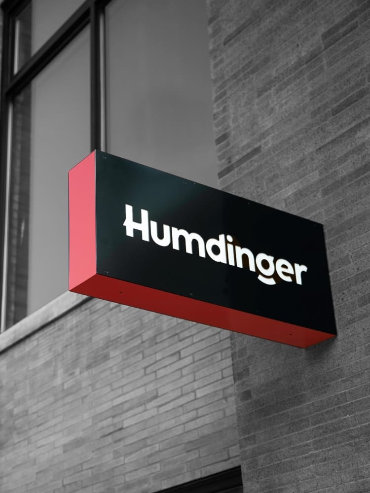 Black-and-white photo of Humdinger sign on Washington Avenue in Minneapolis, Minnesota.
