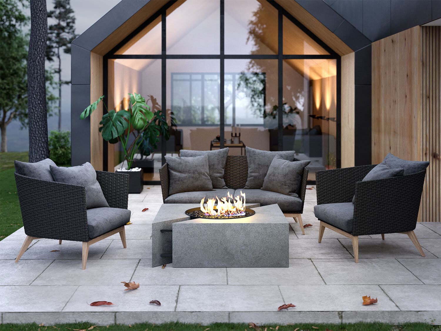 Hyper-realistic 3D design showing a Nisho fire pit in front of a high-end home.